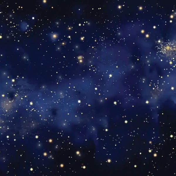 Fototapete mit Weltraum-Motiv, Darstellung eines dunklen Nachthimmels mit zahlreichen leuchtenden Sternen und blauen Nebelwolken.