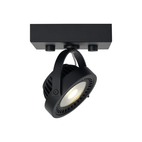 Ein einzelner schwenkbarer LED Deckenstrahler aus Metall mit rechteckiger Deckenbefestigung zur modernen Innenbeleuchtung.