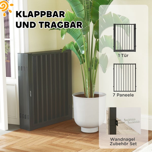 Faltbares und tragbares Hundegitter mit Tür und sieben Paneelen sowie Wandnagel Zubehör Set