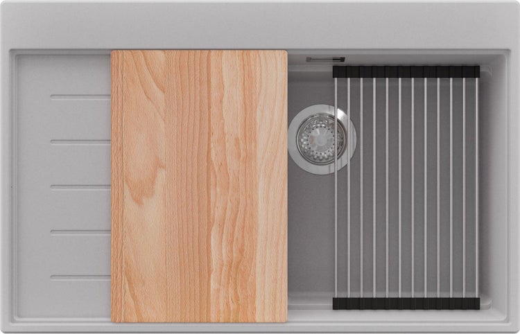 Spüle mit Schneidebrett und Abtropfgestell