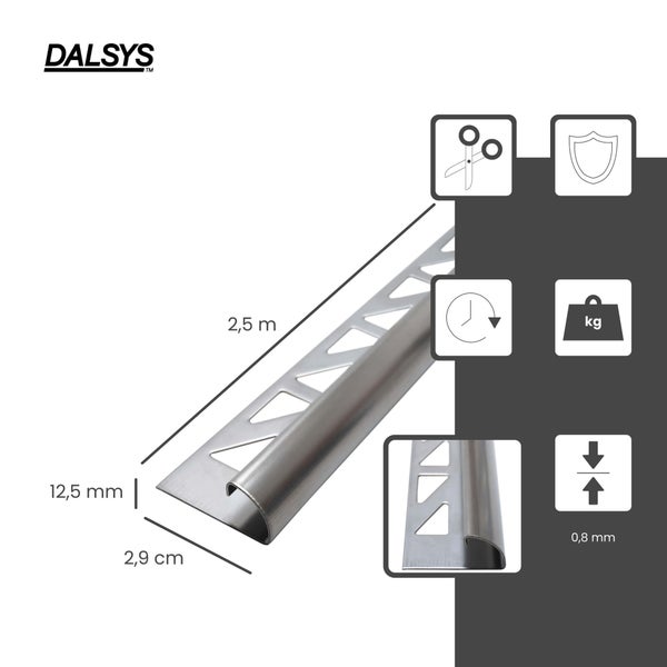 Dalsys Viertelkreisprofil aus Edelstahl, Länge 2,5 Meter, Höhe 12,5 Millimeter, Breite 2,9 Zentimeter, Materialstärke 0,8 Millimeter.