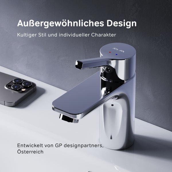 Moderne Einhebel Waschtischarmatur von AM PM mit glänzender Oberfläche montiert auf einem Waschbecken.