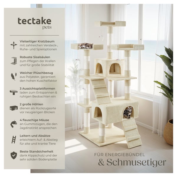 Kratzbaum tectake Barney inklusive 2 Treppen, 4 Spielmäusen und Kippschutz 170 cm beige