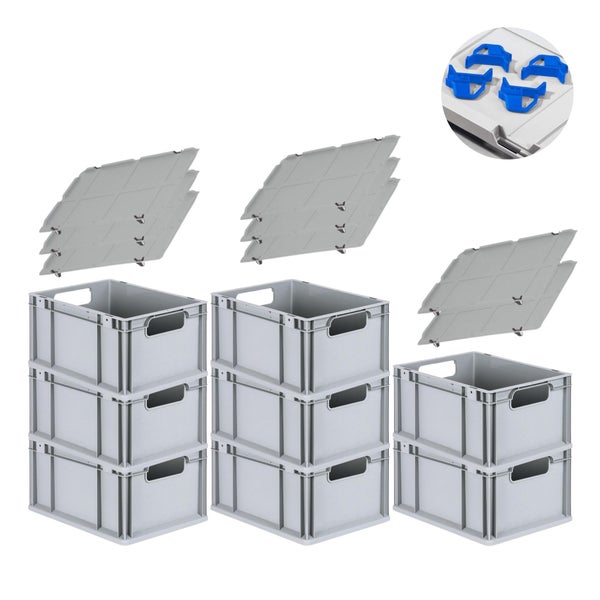 PROREGAL Spar Set 8x Eurobox Nextgen Economy Mit Auflagedeckel & 4x Schiebeschnappverschlüsse Blau Griffe Offen HxBxT 22 x 30 x 40 cm 20 Liter