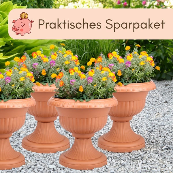 Pflanzschale auf Standfuß mit Blumen, robust und bruchfest, ultraviolettbeständig sowie frostsicher.