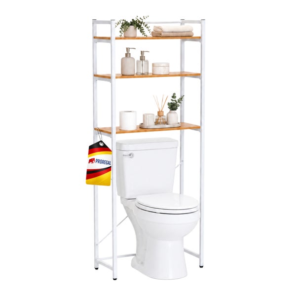 Ein weißes Toilettenregal mit drei Regalböden aus Holz zur Platzierung über der Toilette inklusive Proregal Logo Anhänger.