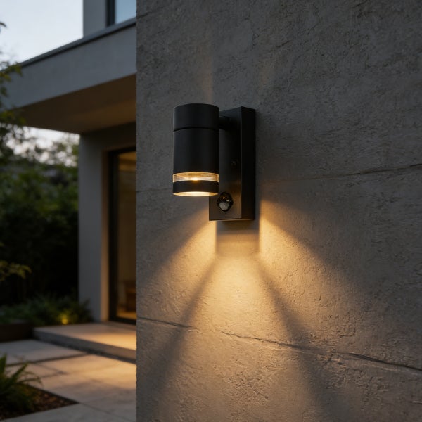 Moderne schwarze Außenwandleuchte mit Bewegungsmelder an einer strukturierten Wand, strahlt warmes Licht nach unten aus.