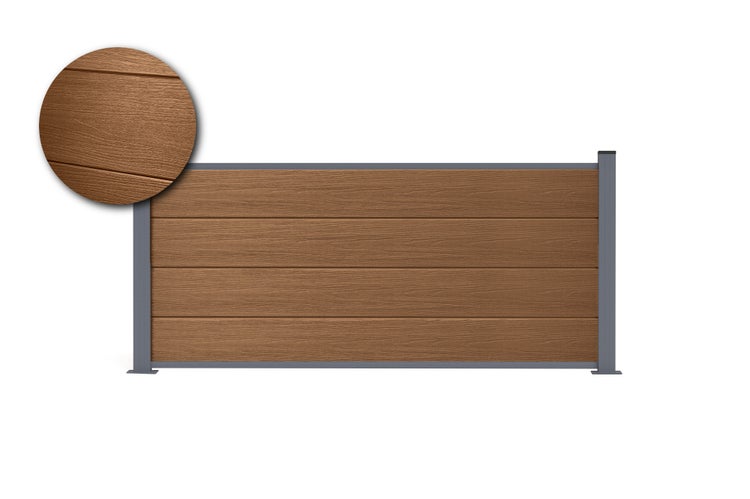 WPC-Zaunfeld mit waagerechten Lamellen in Holzoptik und grauem Metallrahmen inklusive Detailansicht der Oberflächenstruktur.