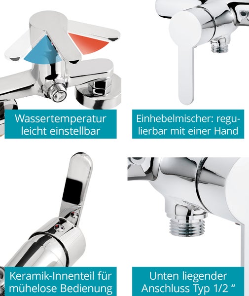 Calmwaters® Duscharmatur Original, Brausearmatur Chrom, Wand-Armatur mit Keramikkartusche, Einhebelmischer Wassersparfunktion, Brauseanschluss 1/2, Messing, 11PZ2541