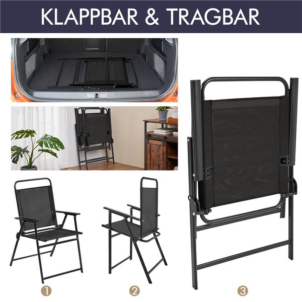 Schwarzer Klappstuhl aus Metall und Netzgewebe, dargestellt in auseinandergeklapptem und zusammengefaltetem Zustand sowie im Kofferraum eines Autos.