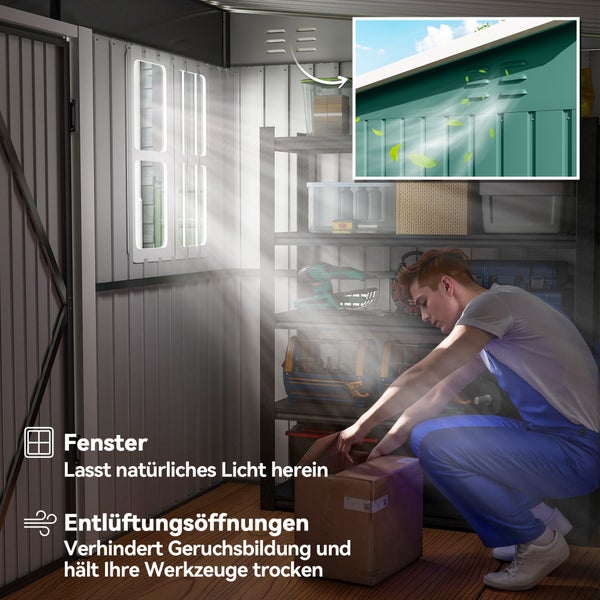 Gerätehaus-Innenraum mit Fenster für Tageslicht und Belüftungsschlitzen für trockene Lagerung, inklusive Regalsystem und einer Person.