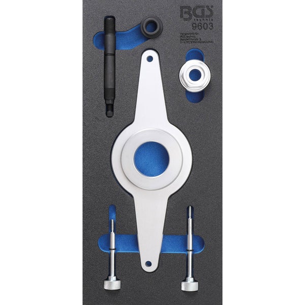 BGS technic Motor-Einstellwerkzeug-Satz 9603, mehrteiliges Spezialwerkzeug in einer Schaumstoffeinlage.