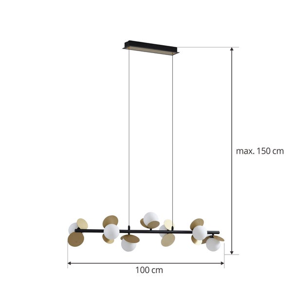 Pendelleuchte mit schwarzem Balken, weißen Glaskugeln und goldfarbenen Metallscheiben, Breite 100 Zentimeter, maximale Höhe 150 Zentimeter.