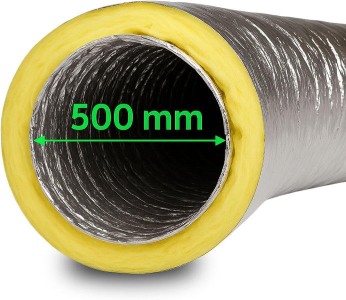 Isolierter Lüftungsschlauch aus Aluminium mit einer Dämmschicht und einem Innendurchmesser von 500 Millimeter.
