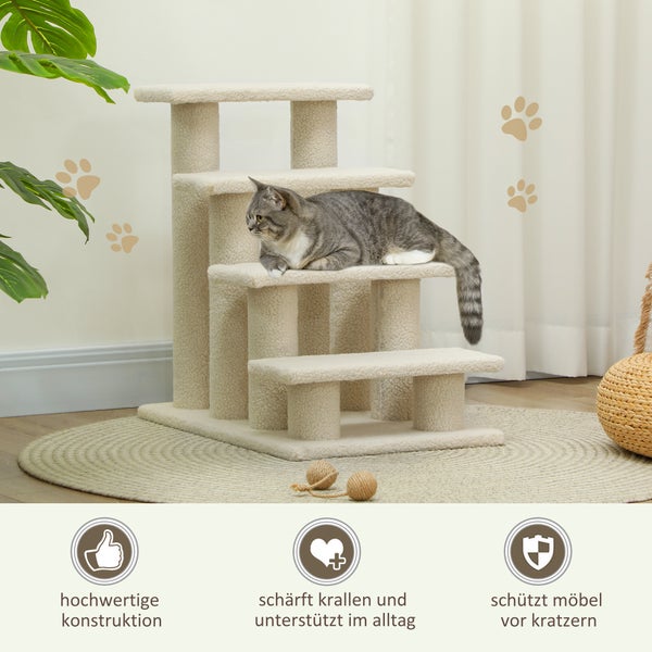 PawHut Tiertreppe Katzentreppe Hundetreppe Treppe für Katze und Hunde 4 Stufen Cremeweiß 63,5x43x60cm