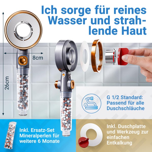 LOBENSWERK Duschkopf mit Filter [3 Modi - inkl. Booster] Duschkopf wassersparend mit Mineralperlen | Handbrause, Duschbrause, shower head für die Dusche inkl. Ersatzteile