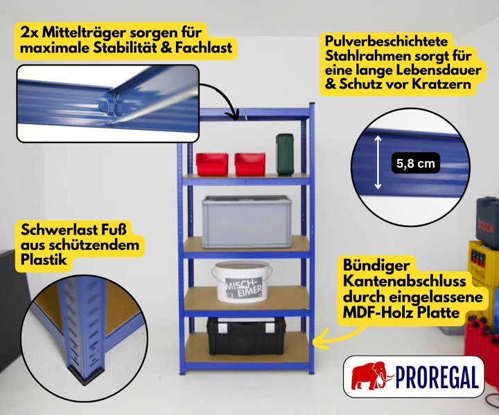 Schwerlastregal aus pulverbeschichtetem Stahl mit Holzfaserplatten, zwei Mittelträgern und Kunststofffüßen. Proregal Logo.