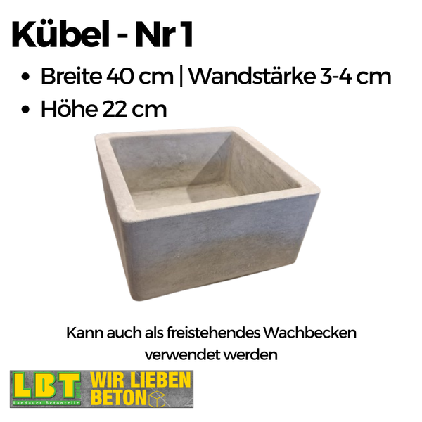 Betonkübel, Breite 40 Zentimeter, Höhe 22 Zentimeter, Wandstärke 3 bis 4 Zentimeter, auch als Waschbecken nutzbar, LBT Landauer Betonteile Logo.
