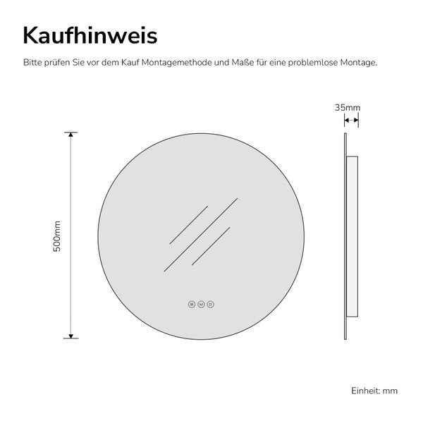 Maßzeichnung eines runden Spiegels mit Kaufhinweis: Durchmesser 500 Millimeter, Tiefe 35 Millimeter.