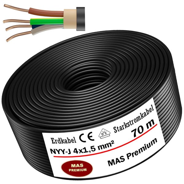 Schwarzes Erdkabel NYY-J 4 mal 1,5 Quadratmillimeter, 70 Meter Rolle, MAS Premium Starkstromkabel mit VDE Zertifizierung und europäischer Konformität.
