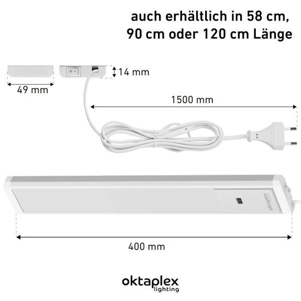 Oktaplex Lighting Unterbauleuchte mit den Maßen 400 x 49 x 14 mm und 1500 mm Zuleitung