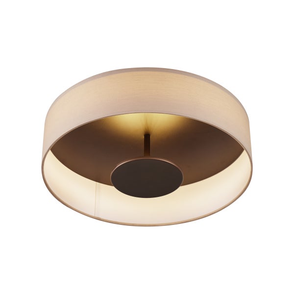 Runde Deckenleuchte mit Textilschirm und runder Metallplatte im Inneren.