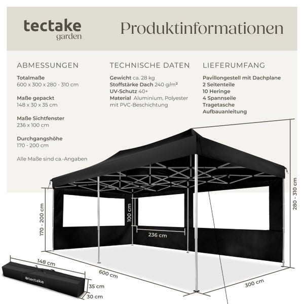 Produktinformationen zum schwarzen Faltpavillon von tectake mit Maßangaben