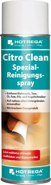 Hotrega Citro Clean Spezialreinigungsspray zum Entfernen von Kleberesten, Öl, Fett, Teer und Kugelschreiber, Sprühdose