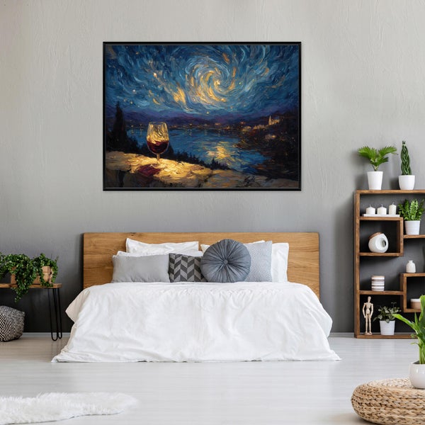 Gemälde im Schlafzimmer mit Glas Wein und Sternenhimmel