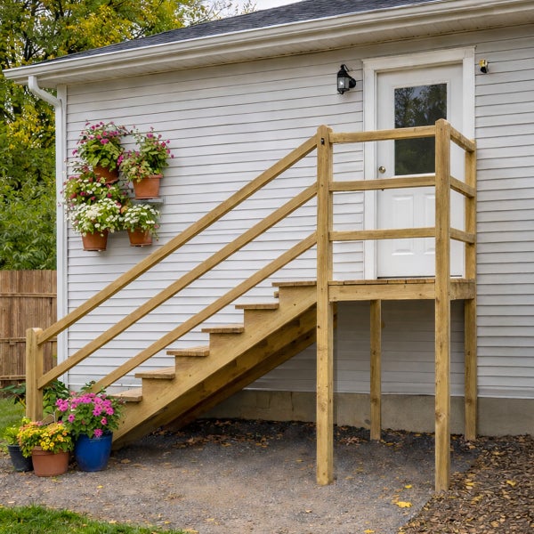Außentreppe aus Holz mit Geländer vor einem Haus