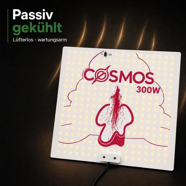Quadratisches LED-Pflanzenlicht-Panel COSMOS 300 Watt, passiv gekühlt, lüfterlos und wartungsarm.