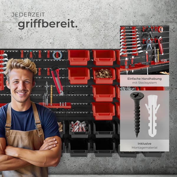 Kleinteilemagazin tectake  inklusive Halterungen für Werkzeug und Zubehör 88-teilig, mit 4 Wandplatten schwarz
