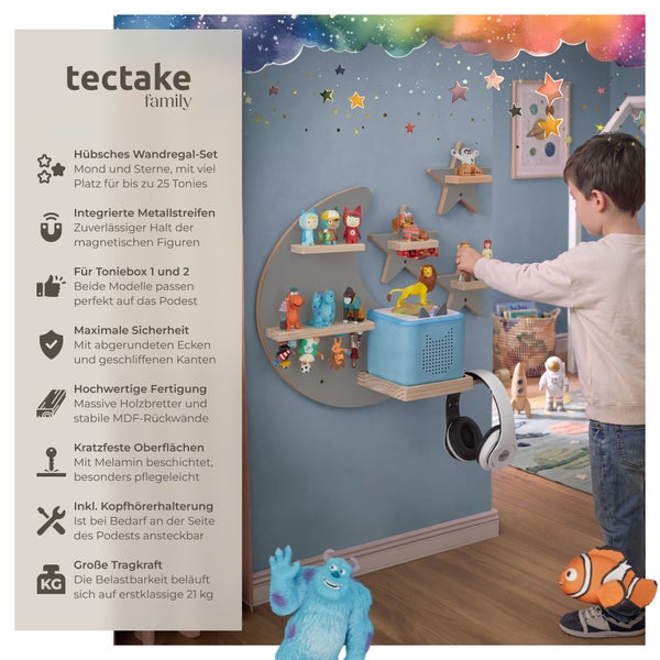 Wandregal-Set in Mond und Sternenform für Tonies von tectake mit Kopfhörerhalterung und magnetischen Flächen für Kinderzimmer.