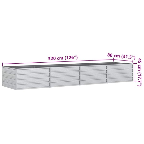 Graues Hochbeet aus Metall mit den Maßen 320 Zentimeter mal 80 Zentimeter mal 45 Zentimeter.