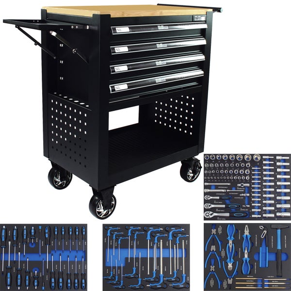 Werkstattwagen Werkzeugwagen 4 Schubladen bestückt schwarz Massivholz Platte Profi Compact