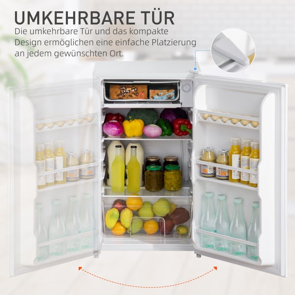 Kompakter Kühlschrank mit wechselbarem Türanschlag, gefüllt mit Lebensmitteln. Die Abbildung zeigt beide möglichen Öffnungsrichtungen der Tür.