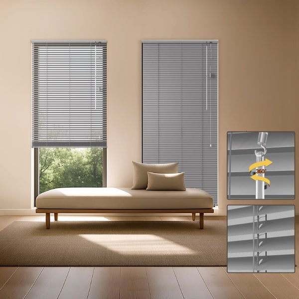 Aluminium Jalousie in modernem, hellem Wohnzimmer, 360 Grad drehbare Lamellen für optimale Lichtregulierung, Detailansicht der Bedienung.