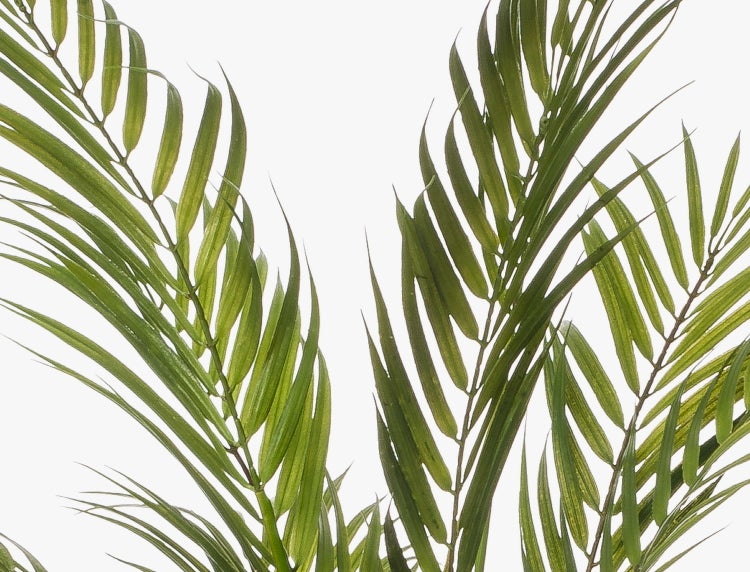 Detailansicht eines künstlichen Pflanzenstamms mit strukturierten braunen Fasern und grünen Blattstielen.