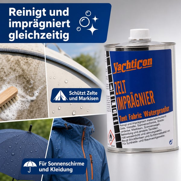 Yachticon Zelt Imprägnierer zur Reinigung und Imprägnierung von Zelten, Markisen, Sonnenschirmen und Textilien für wasserdichten Schutz.