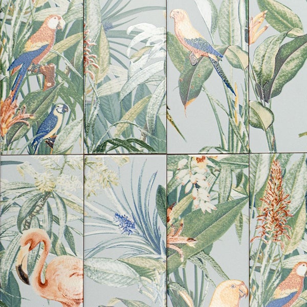 Wandfliesen mit tropischem Dschungel Motiv mit Vögeln und Pflanzen