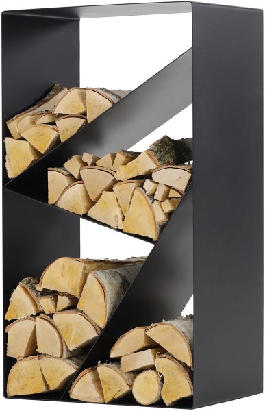 Brennholzregal aus Metall mit Holzscheiten