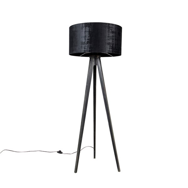 QAZQA - Modern Stehleuchte I Stehlampe I Standleuchte I Lampe I Leuchte Stativ schwarz mit Schirm schwarz 50 cm - Tripod I Dreifuß Lampe I Dreifuss Classic I Wohnzimmer I Schlafzimmer - Holz Rund - LE