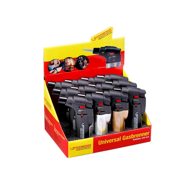 Rothenberger Industrial Universal-Gasbrenner Display mit nachfüllbaren Brennern und Arretierung.