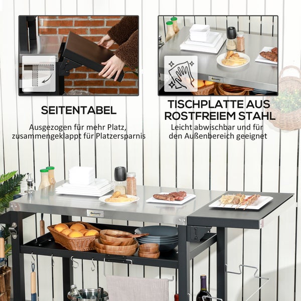 Outdoor-Küchenwagen mit Edelstahlplatte, klappbarem Seitentisch, Ablagefächern für Grillzubehör und Outsunny Logo.