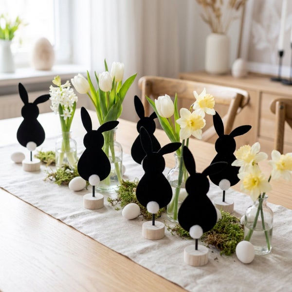 Osterdekoration auf einem Holztisch mit stehenden Osterhasen aus Filz auf Holzsockeln, Blumen in Glasvasen und Ostereiern als Tischschmuck.