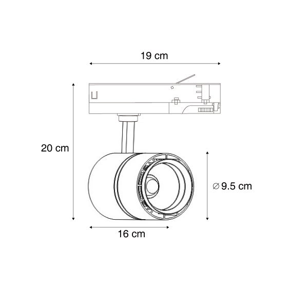 Technische Zeichnung eines Schienenstrahlers mit Maßen: Höhe 20 Zentimeter, Breite 19 Zentimeter, Durchmesser 9,5 Zentimeter.