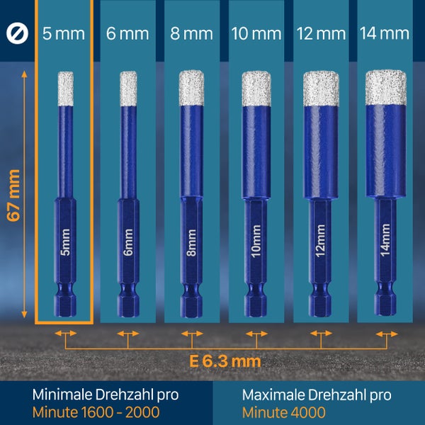 WERKSTEIN Fliesenbohrer 5mm mit Diamantbohrkrone - Extrem langlebiger Feinsteinzeug Bohrer zum Bohren von Fliesen, Glas, Keramik, Porzellan, Granit, Marmor uvm. - Diamantbohrer mit Sechskantschaft