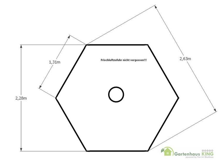 Grundriss eines Gartenhauses mit hexagonalem Design und Maßangaben