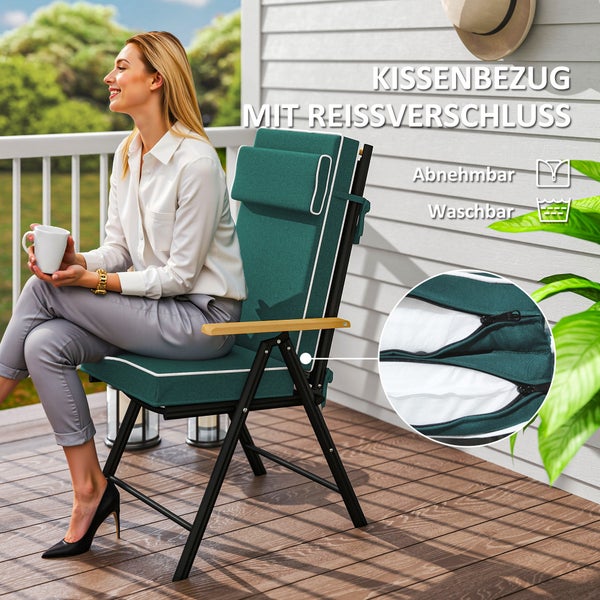 Outsunny Sitzkissen 120 x 47 x 9,5 cm wasserabweisend Stuhlkissen mit Bändern, Kopfstütze, UPF50+ Outdoor Indoor Sitzauflage, Sitzpolster für Klappstuhl, Essstuhl, Grün