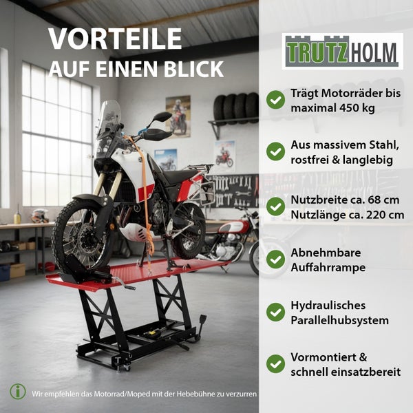 Motorrad Hebebühne mit einem Motorrad in einer Werkstatt zur Wartung